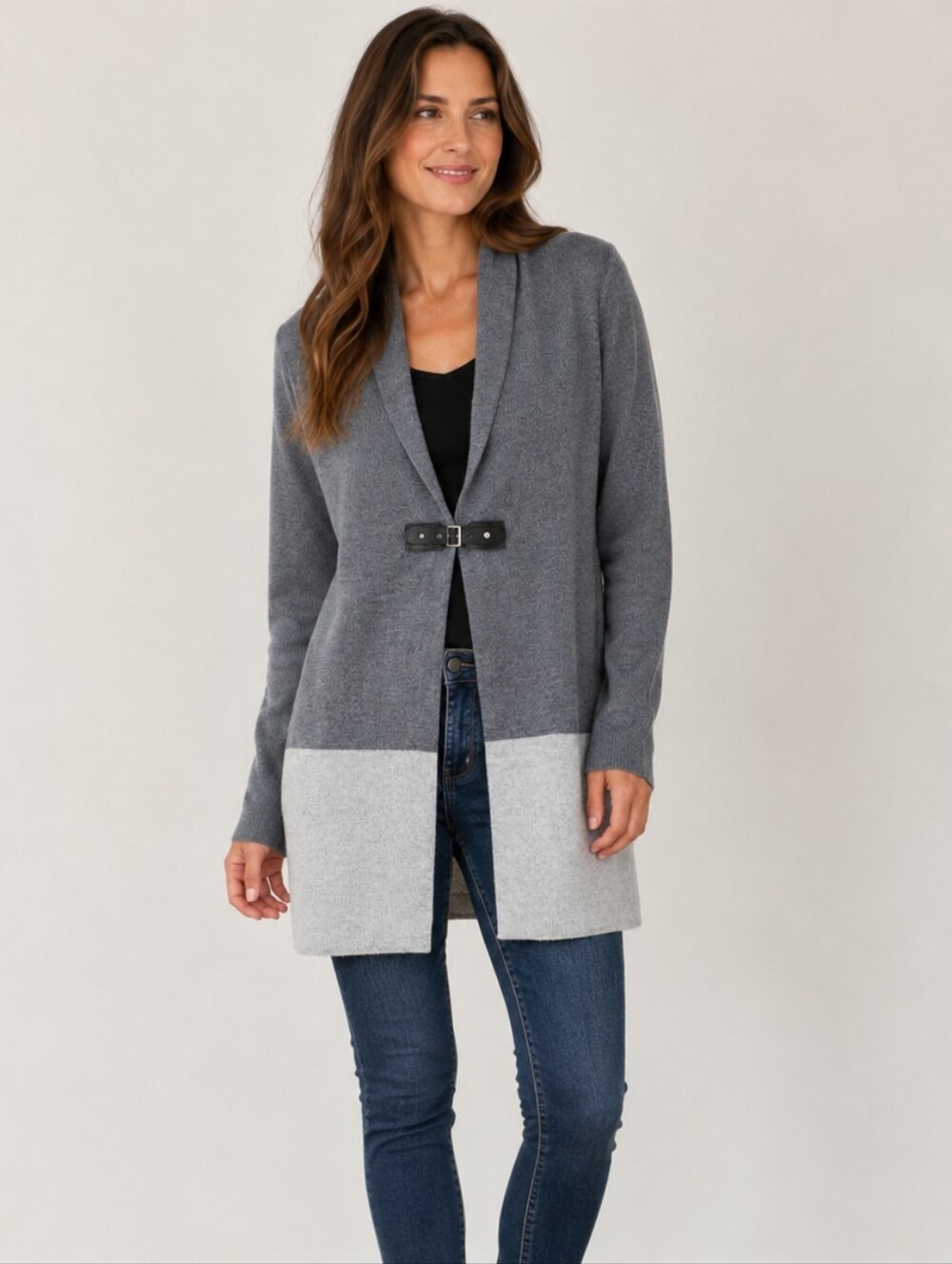 Paul Costelloe Gray Colorblock Wool Blend Knit Jacket Cardigan Buckle Front